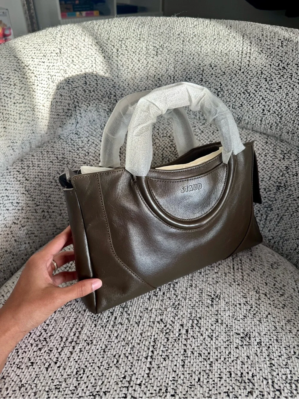 STAUD Maude Satchel with Removable Strap in Dark Brown Leather